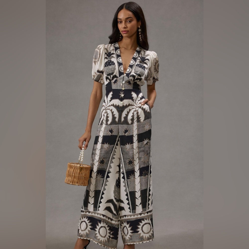 Farm Rio Puff-Sleeve Linen Jumpsuit